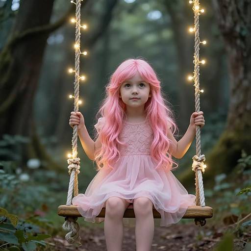Photograph of a young girl with long pink hair, wearing a pink dress, sitting on a fairy-lit swing in a forest.