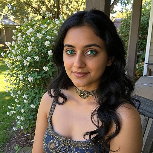 Photograph of a young South Asian woman with long black hair, green eyes, and brown skin, wearing a blue patterned top and gold choker