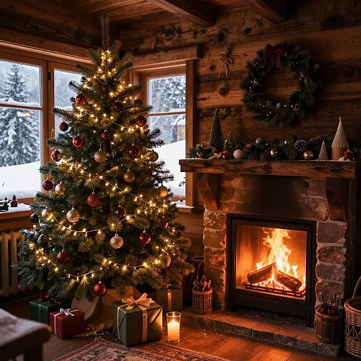 Cozy log cabin living room with lit Christmas tree, fireplace, wreath, snow outside, and presents; warm, festive, and inviting atmosphere.