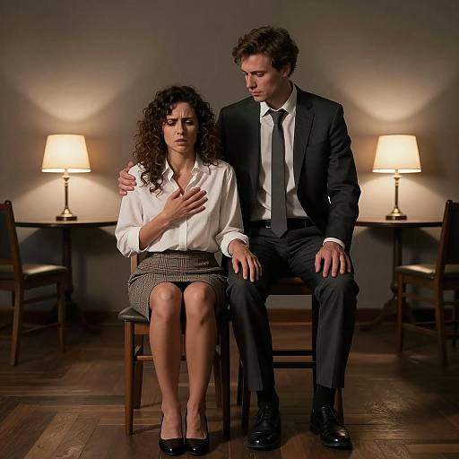 Man Comforting Worried Woman in Dim Room