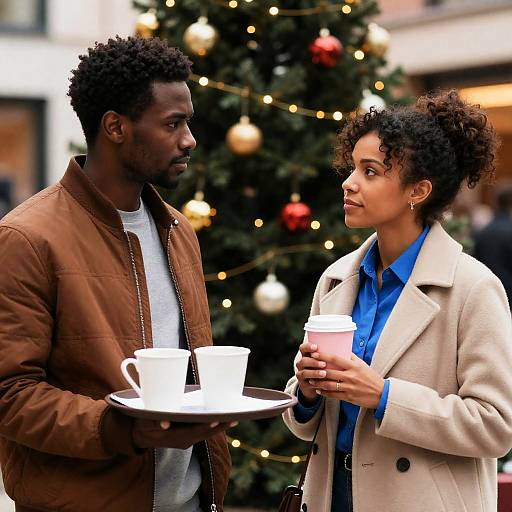 Couple Sharing Coffee Near Christmas Tree