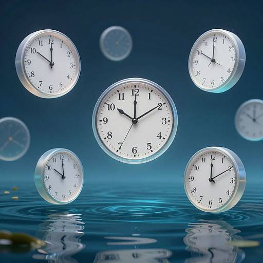Photograph of six floating clock faces with black hands and numbers, against a dark blue gradient background, reflecting on rippling water.