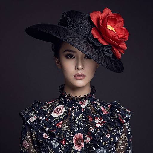 Photograph of a pale-skinned woman with dark hair, wearing a black floral lace top and a black hat adorned with a large red flower, against