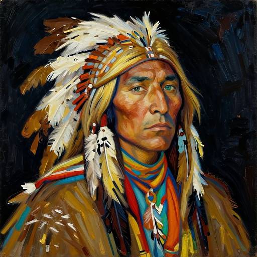 Vibrant digital painting of a Native American man with long blonde hair, white and brown feathered headdress, and colorful traditional clothing, set against