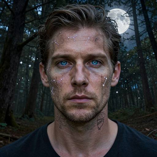 Photograph of a serious, blue-eyed man with tattoos, in a dark forest at night, under a full moon, with star and constellation overlays on