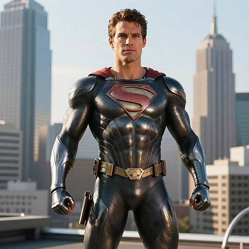 Photograph of a muscular man in a black, shiny Superman suit with red 
