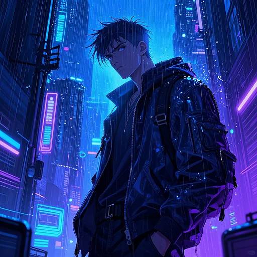 Cyberpunk cityscape at night, rain-soaked, neon-lit, blue and purple hues. Silhouetted male with spiky hair