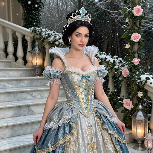 Digital art of a fair-skinned princess in a blue and silver ball gown with gold accents, white lace, and tiara, standing on snow-covered
