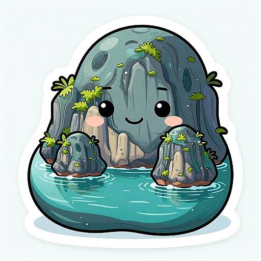 Cute digital drawing of a chubby, blue rock with plant-covered cliffs, smiling with blush cheeks, sitting in turquoise water.