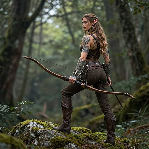 Photograph of a tattooed, elf-like archer with long brown hair, standing on a mossy rock in a dense, green forest, holding