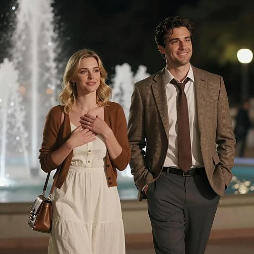 Romantic Nighttime Walk by Fountains