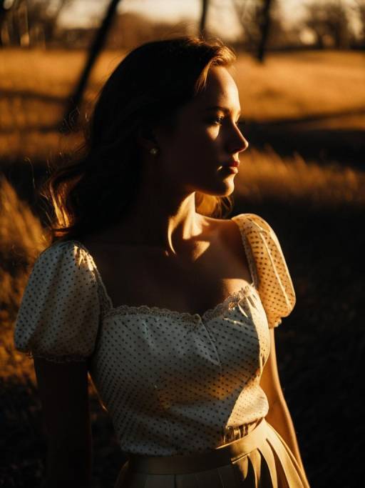 Woman in Ivory Satin Polka Dot Blouse at Golden Hour