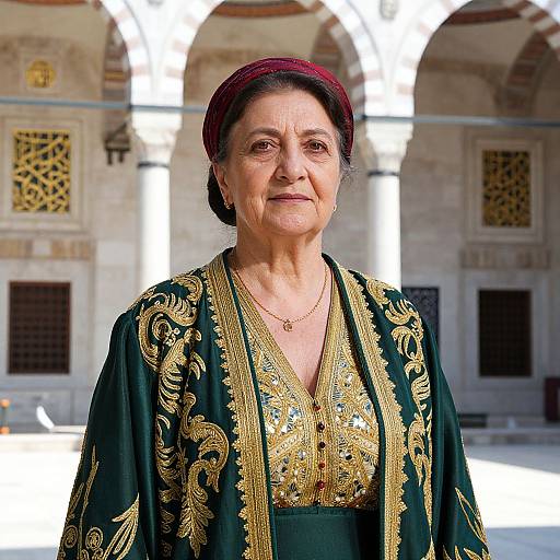 Photograph of an elderly woman with light skin and dark hair, wearing a dark green embroidered robe and maroon headscarf, standing in a sun