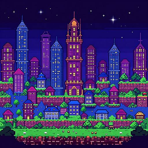 Pixel art of a vibrant, neon-lit cityscape at night, featuring colorful skyscrapers, illuminated windows, and green grassy foreground under a