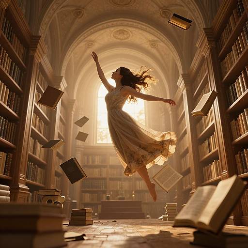 Photograph: Elegant woman in flowing, floral dress leaps joyfully in sunlit, grand library with floating books, arching ceilings, and wooden shelves