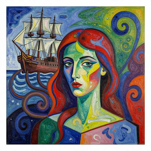 Vibrant, surreal painting of a woman with red hair, colorful swirls, and yellow face markings, standing beside a sailing ship.