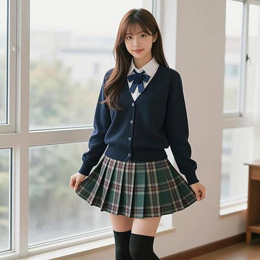 Asian Woman in School Uniform Indoors by Window