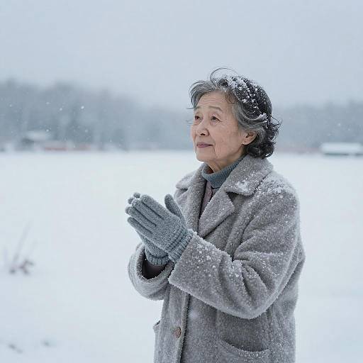 Elderly Woman in Serene Snowfall
