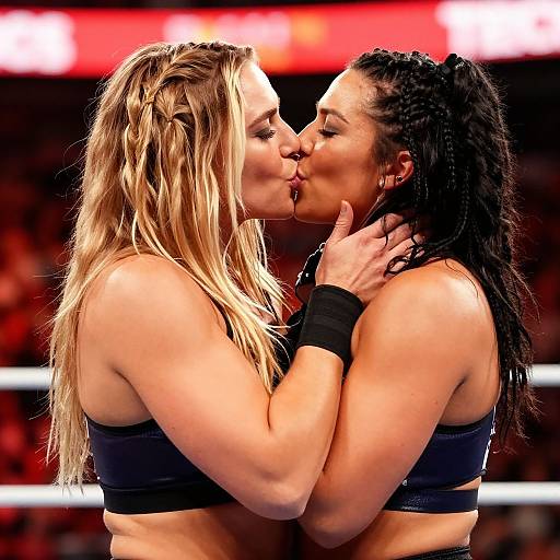 Photograph of two female WWE wrestlers kissing in the ring, both wearing black sports bras, blonde and dark-haired, intense background.