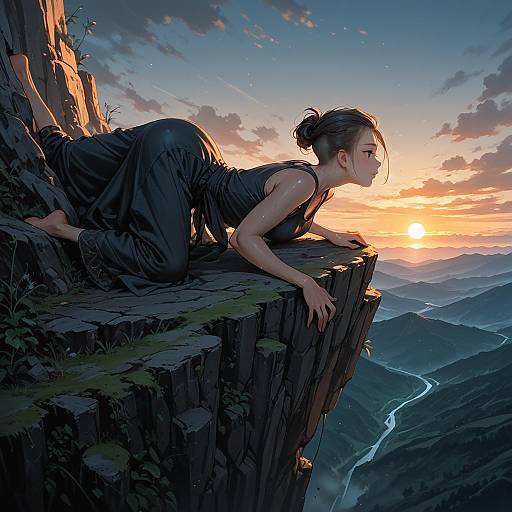Woman in Black Climbing at Sunrise