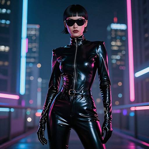 Photorealistic digital artwork of a confident woman in a glossy black latex catsuit and sunglasses, standing in a neon-lit cityscape at night.