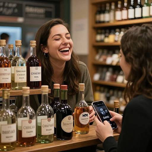 Photograph of a smiling woman with long brown hair, wearing a green sweater, laughing at a customer with a smartphone, standing behind a wooden counter with
