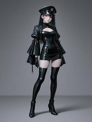 Woman in Edgy Black Leather Dress and Cap