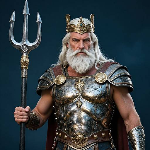 Photograph of a muscular, white-bearded king with a golden crown, wearing shiny, ornate silver armor, holding a trident, against a