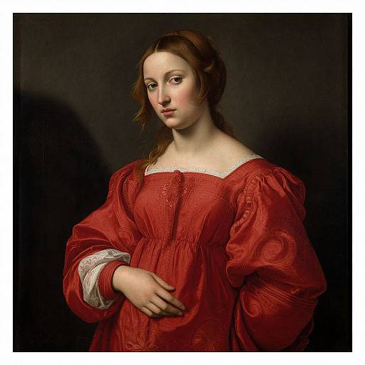 Renaissance-style painting of a fair-skinned woman with brown hair, wearing a red, embroidered dress with white lace, against a dark background.