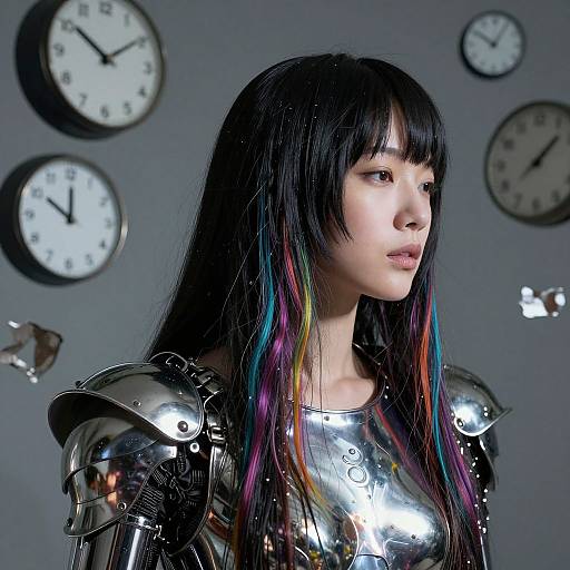 Photograph of an Asian woman with long black hair and rainbow highlights, wearing shiny metallic armor, gazing to the right. Background features three clocks on