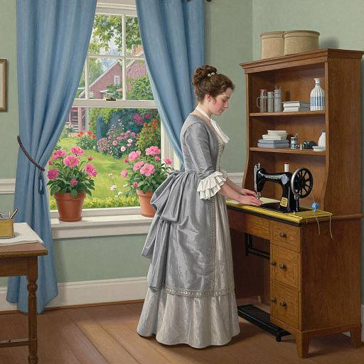 Victorian woman in blue-gray dress sewing on vintage black sewing machine in sunlit room with blue curtains and potted flowers.