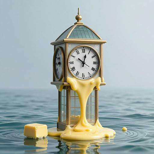 Photograph of a classic clock with dripping yellow cheese standing in calm water, with a cheese cube nearby.