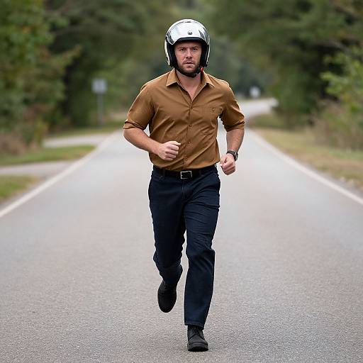 Photograph of a bearded man jogging on a deserted road wearing a brown shirt, black pants, black boots, and a black helmet. Forested