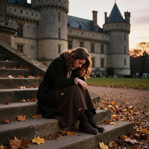 Sad Juliet on Ancient Castle Steps