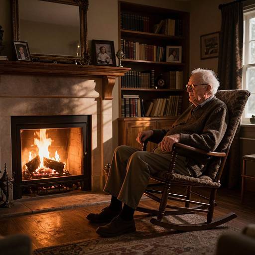 Photograph: Elderly white man with glasses, white hair, dark sweater and pants, sits in rocking chair by lit fireplace in warmly lit, book