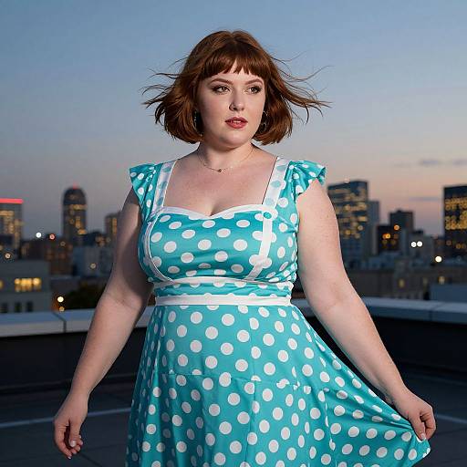 Photograph of a fair-skinned woman with short brown hair in a blue polka dot dress, standing on a rooftop at dusk, city skyline in
