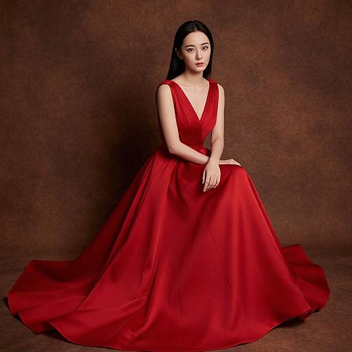 Photograph of an Asian woman with long black hair, wearing a vibrant red, V-neck, floor-length gown, seated against a brown textured background.