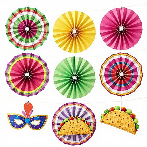 Colorful digital illustration of nine festive items: seven paper umbrellas, a blue and white masquerade mask, a taco, and a taco with