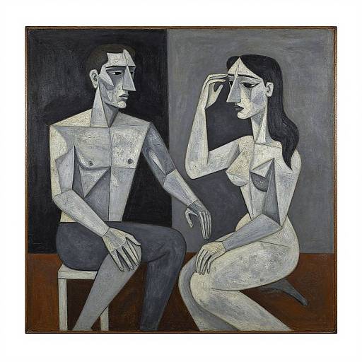 Geometric, cubist-style painting of a shirtless man and nude woman sitting, both with angular faces, white and gray tones, dark background.