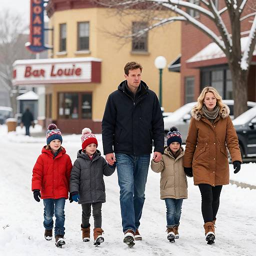 Charming Snowy Street Family Scene