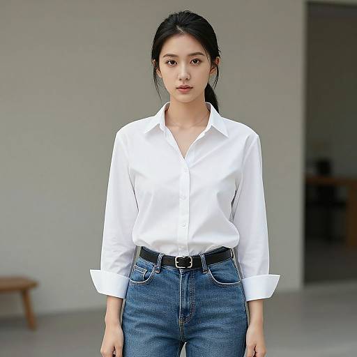 Photograph of an Asian woman with black hair in a ponytail, wearing a white button-up shirt and blue high-waisted jeans, standing in