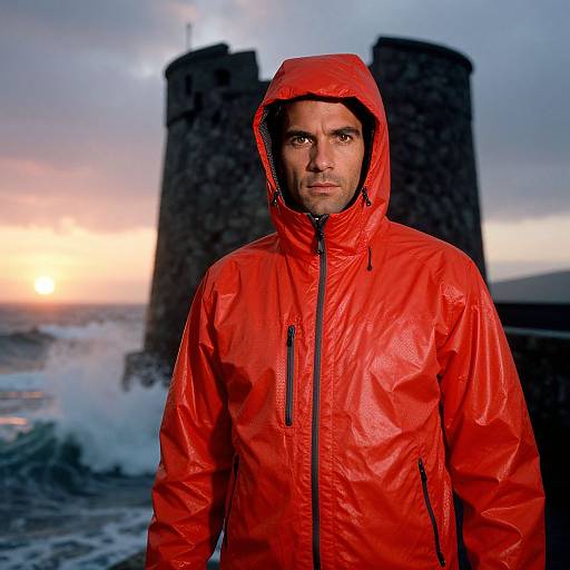 Photograph of a serious man in a bright red raincoat with hood, standing in front of two dark stone towers at sunset by the ocean.