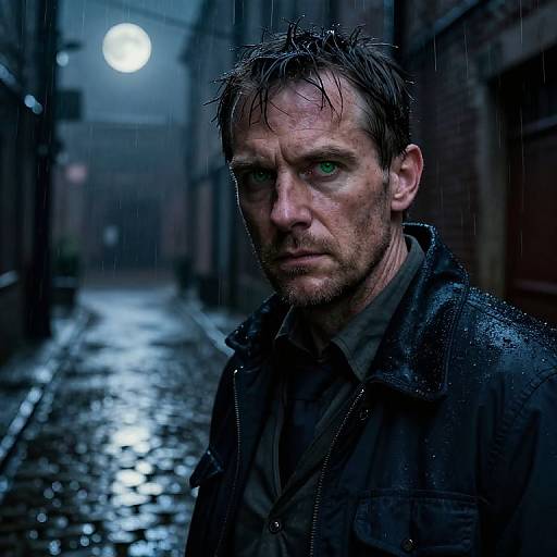 Photograph of a wet, disheveled man with green eyes, wearing a dark jacket, standing in a rain-soaked, moonlit alley.