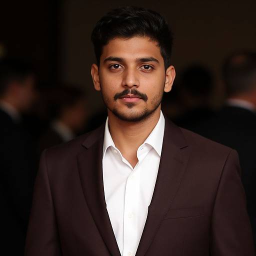 Photograph of a young South Asian man with short black hair, mustache, brown eyes, wearing a black suit and white shirt, standing against a