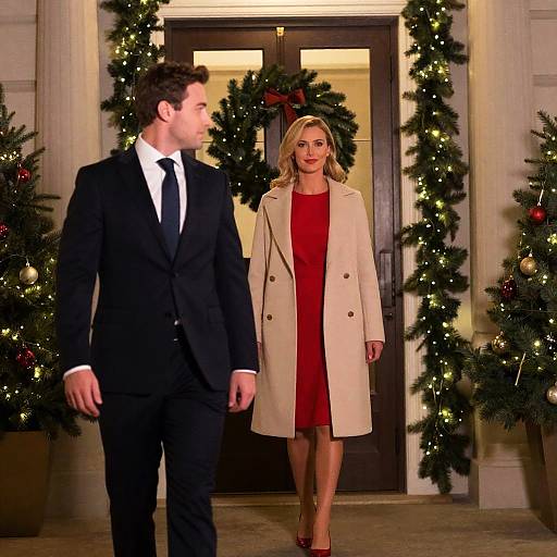 Photograph of a man in a black suit and tie, and a woman in a red dress and beige coat, standing in front of a Christmas-de