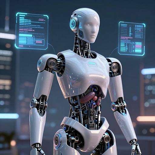 CGI image of a sleek, white and black humanoid robot with glowing blue holographic screens floating above its shoulders in a futuristic, neon-lit city