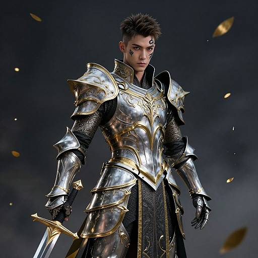 CGI image of a young, androgynous warrior with spiky hair, wearing ornate gold and silver armor, holding a sword, dark