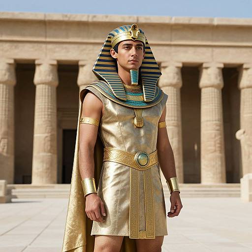 Photograph of a young man in ancient Egyptian attire, gold kilt, striped blue and gold headdress, gold armlets, standing before a temple