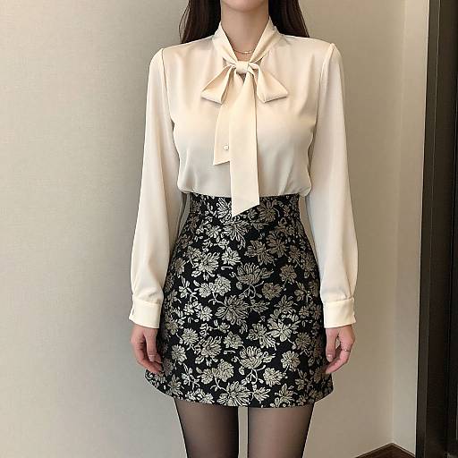 Photograph of a woman in a white long-sleeve blouse with a bow, black floral skirt, and black stockings, standing against a plain white