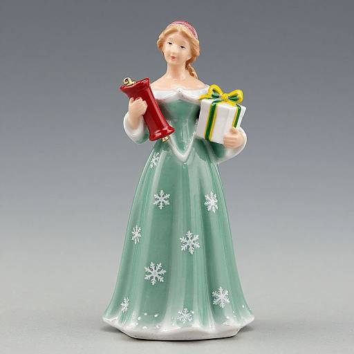 CGI image of a smiling blonde woman in a green, snowflake-patterned dress, holding a red clipboard and a green-wrapped gift with yellow
